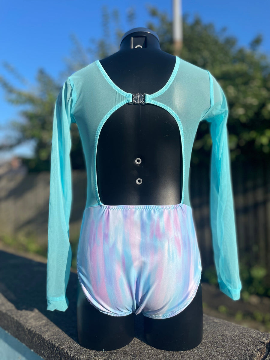 Long Sleeved Vortex Leotard - Aqua Azure - age 9-10 – Acrotastic Dancewear